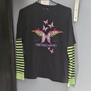 #168 Black Long-Sleeve Graphic Tee with Neon Green Striped Layered Sleeves